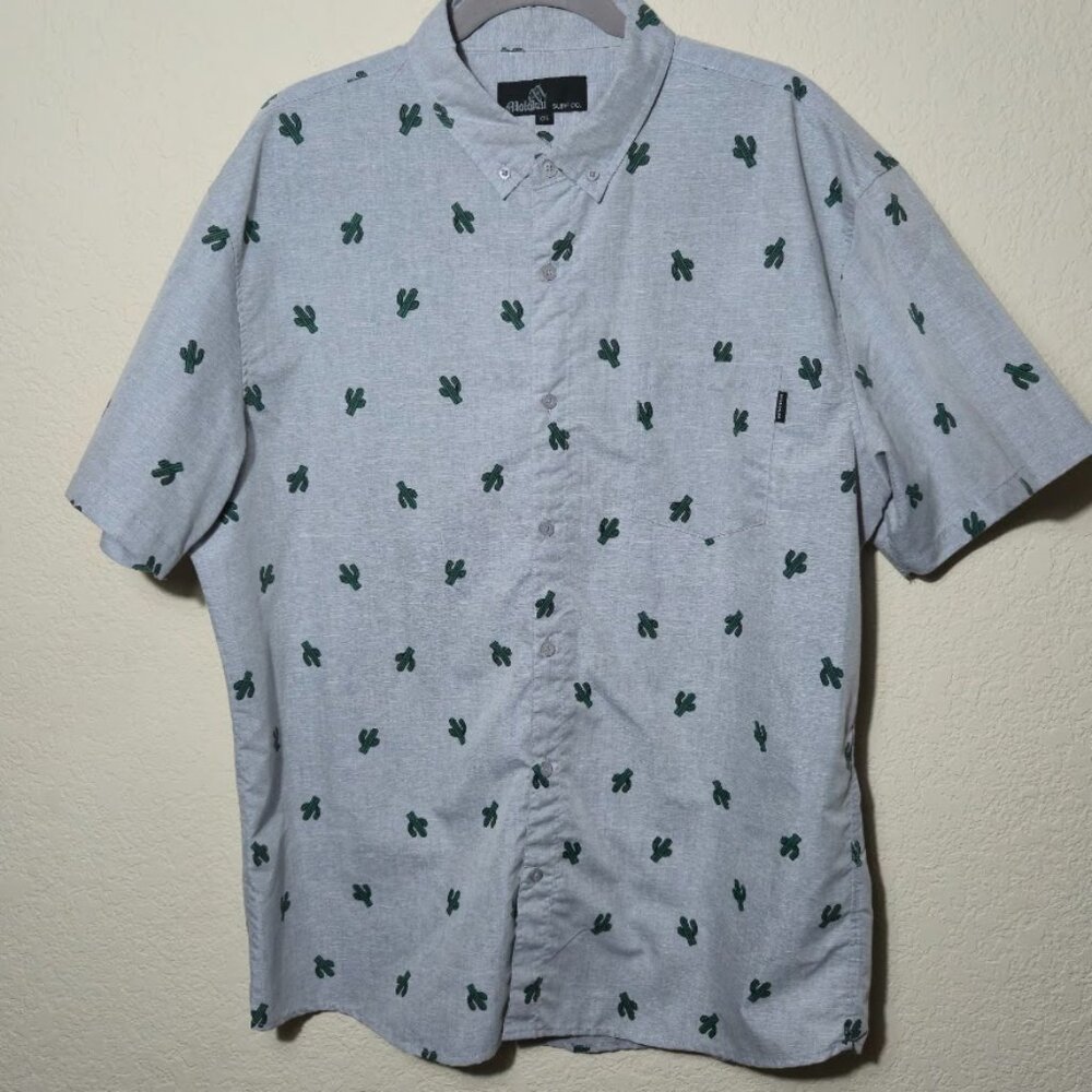 Men's Molokai Surf Co. Gray & Green Cactus Print Short Sleeve Button-Up Shirt
